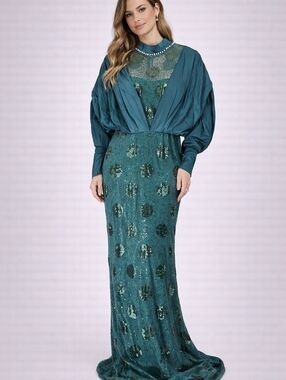 Fashion Teal Sequin Mesh 2 Pc Dress & Jacket Set Long Sleeve Polka Dot Party L